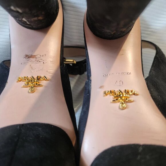 PRADA Black Suede Heel Size 40 Gold Detailing Made In Italy Pre-Owned No Box - Picture 3 of 10